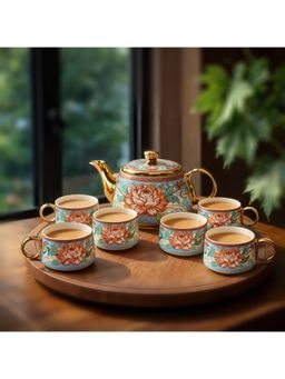 BRINNS - Golden Rose-Gold Floral Ceramic Microwave Safe 7 Piece Tea Set