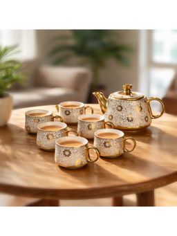 BRINNS - Golden Silver-White Whistle Ceramic Microwave Safe 7 Piece Tea Set