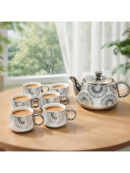 BRINNS - Silver White Ceramic Microwave Safe 7 Piece Tea Set