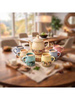 BRINNS - Motif Multicolor Printed Ceramic Microwave Safe 7 Piece Tea Set