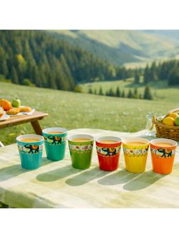 BRINNS - Elephant Multicolor Print Ceramic Microwave Safe Kullads (Pack of 6)