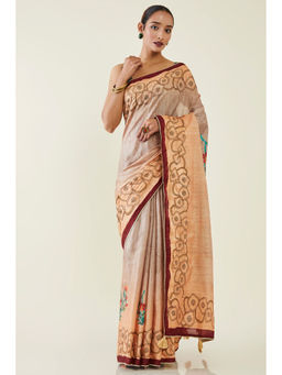 Soch - Women Beige Silk Embroidered Saree with Unstitched Blouse