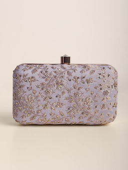 KALKI FASHION - Ivory White Heavy Embroidered Festive Clutch in Raw Silk