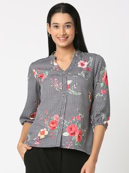 Not So Pink - Black & Check Print Mandarin-neck Shirt