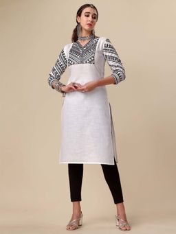Kartika - White Embroidered V-Neck Kurta