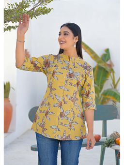 Aravalii - Mustard Floral Mandarin Neck Tunic
