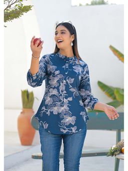 Aravalii - Blue Floral Mandarin Neck Tunic