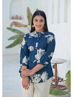 Aravalii - Navy Blue Floral Mandarin Neck Tunic