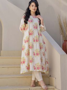 Label Madhuri Thakkar - Ivory Floral Round Neck Kurta With Pant