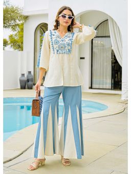 Label Madhuri Thakkar - Ivory Embroidered V-Neck Tunic With Palazzo