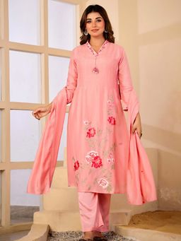 Label Madhuri Thakkar - Pink Embroidered V-Neck Kurta Pant With Dupatta
