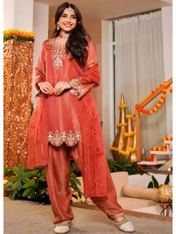 Label Madhuri Thakkar - Orange Embroidered Round Neck Kurti Salwar With Dupatta