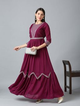 MADHURAM - Wine Embroidered Round Neck Dress