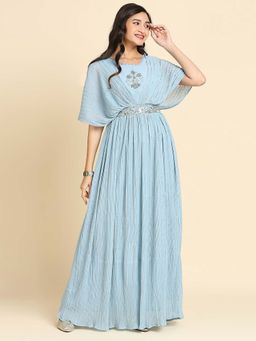 MADHURAM - Blue Embroidered Round Neck Dress