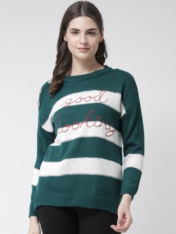 Club York - Women Green White Striped Pullover Sweater