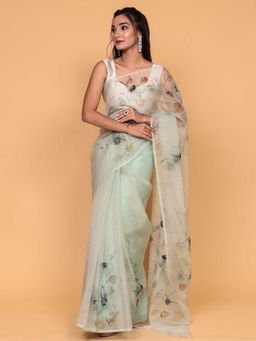 Zari Jaipur - Grey Color Organza Fabric Saree with Unstitched Blouse