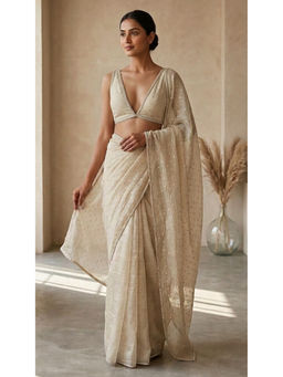 HANDME - Royal Beige Crinkled Zari Butti Crystal Lace Saree With Blouse Fabric
