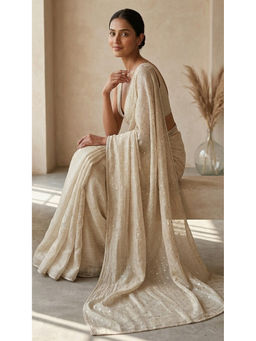 HANDME - Ready To Wear Royal Beige Crinkled Zari Butti Crystal Lace Saree With Blouse Fabric