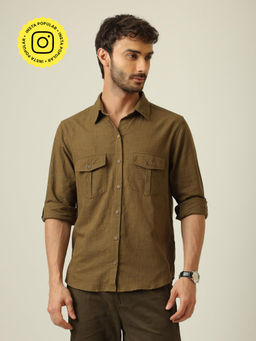Saltpetre - Men Relaxed Work Linen Cotton Shirt - Olive Green