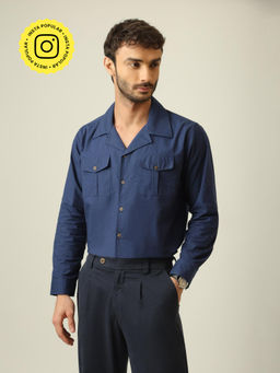 Saltpetre - Men Safari Linen Cotton Shirt - Navy Blue