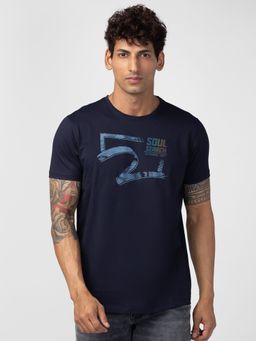 Spykar - Navy Blue Round Neck Half Sleeves Blended T-Shirt For Men