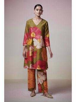 Dressfolk - Olive Green Floral Chanderi Co-Ord (Set of 2)