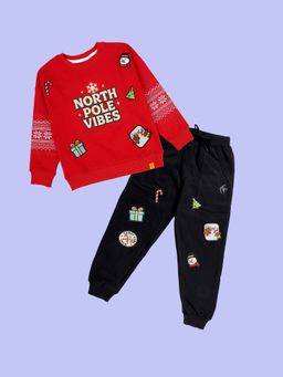 KiddoPanti - Red Printed Regular Sweatshirt and Joggers