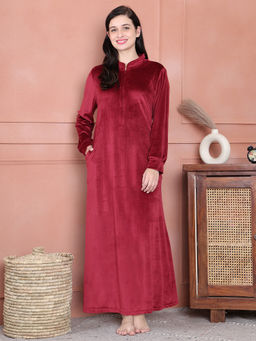 Secret Wish - Red Solid Velvet Full Length Nighty