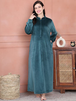 Secret Wish - Teal Solid Velvet Full Length Nighty