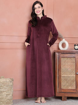 Secret Wish - Burgundy Solid Velvet Full Length Nighty
