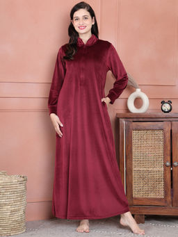 Secret Wish - Maroon Solid Velvet Full Length Nighty