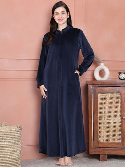Secret Wish - Navy Blue Solid Velvet Full Length Nighty
