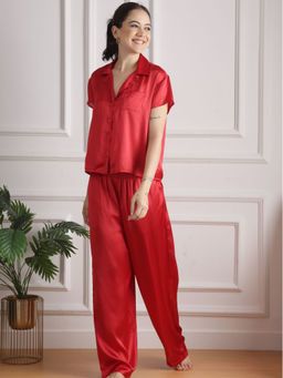 Slumber Jill - Red Crimson Elegance Collared Shirt with Pyjama (Set of 2)