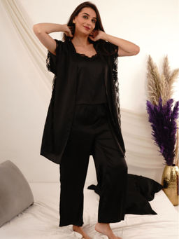 Slumber Jill - Black Midnight Elegance Cami Top with Pyjama & Kimono (Set of 3)
