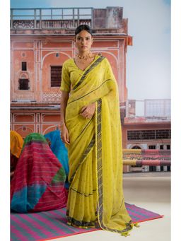 Baise Gaba - Yellow Chiffon Saree for Women with Unstitched Blouse