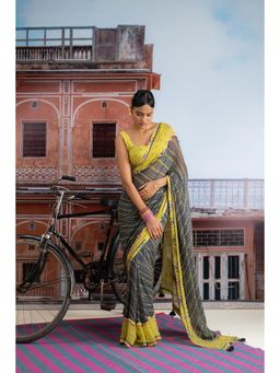 Baise Gaba - Blue and Yellow Chiffon Saree for Women with Unstitched Blouse