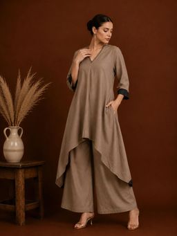 LABEL MAE - Taupe High-Low Wide-Leg Kurta with Palazzo
