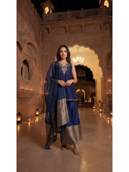 WOOMN - Blue Russian Silk Embroidered Motif Kurta with Palazzo and Dupatta