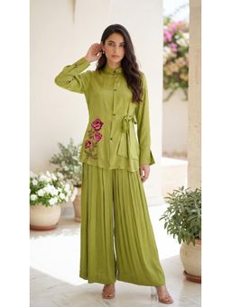 WOOMN - Green Modal Satin Floral Embroidered Motif Co-Ord Set