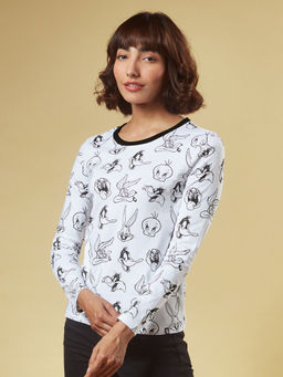 The Souled Store - Official Looney Tunes: Pattern Graphic Printed White Full Sleeve T-Shirts
