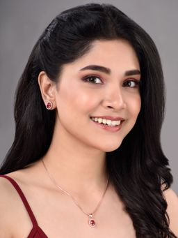 Saraf RS Jewellery - Rose Gold Plated Radiant Red Pendant Locket With Earrings And Chain (Set Of 3)