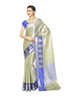 Banarasi Silk Works - Green Zari Kanchi Silk Tanchoi Meena Saree with Unstitched Blouse
