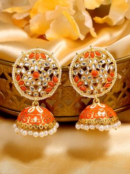 Estele - Gold Plated Adorable Orange Meenakari Kundan Jhumki Earrings for Women