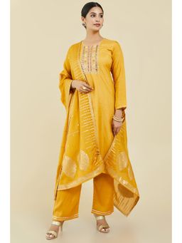 Soch - Women Mustard Silk Embroidered Dress Material (Set of 3)