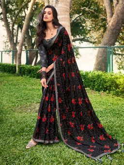 Odette - Womens Chiffon Black Embellished Saree with Unstitched Blouse