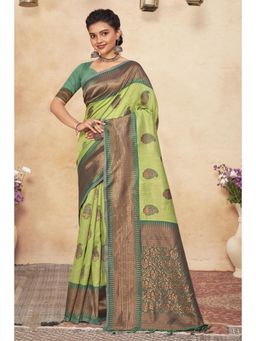 Sangam Prints - Light Green Cotton Woven Zari Work Traditional Tassel Saree with Unstitched Blouse
