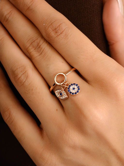 METALM rose Gold Plated Evil Eye Charm Ring in silver