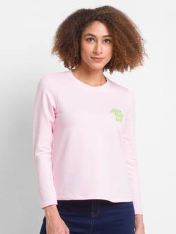 Spykar - Pink Cotton Blend Full Sleeve Plain Casual T-shirt For Women