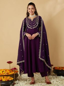 MOKOSH - Women Purple Embroidered Anarkali Kurta with Pant and Dupatta