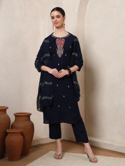 Nehamta - Women Navy Blue Cotton Rayon Kurta with Pant and Dupatta